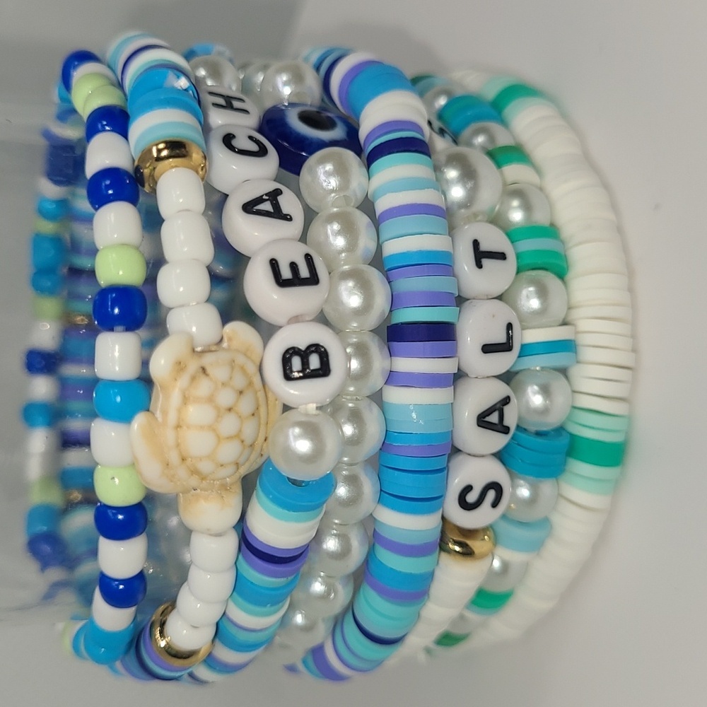 8 Beachy Beaded Bracelets Set Stackable Boho Friendship Charm Stacked Heishi NEW